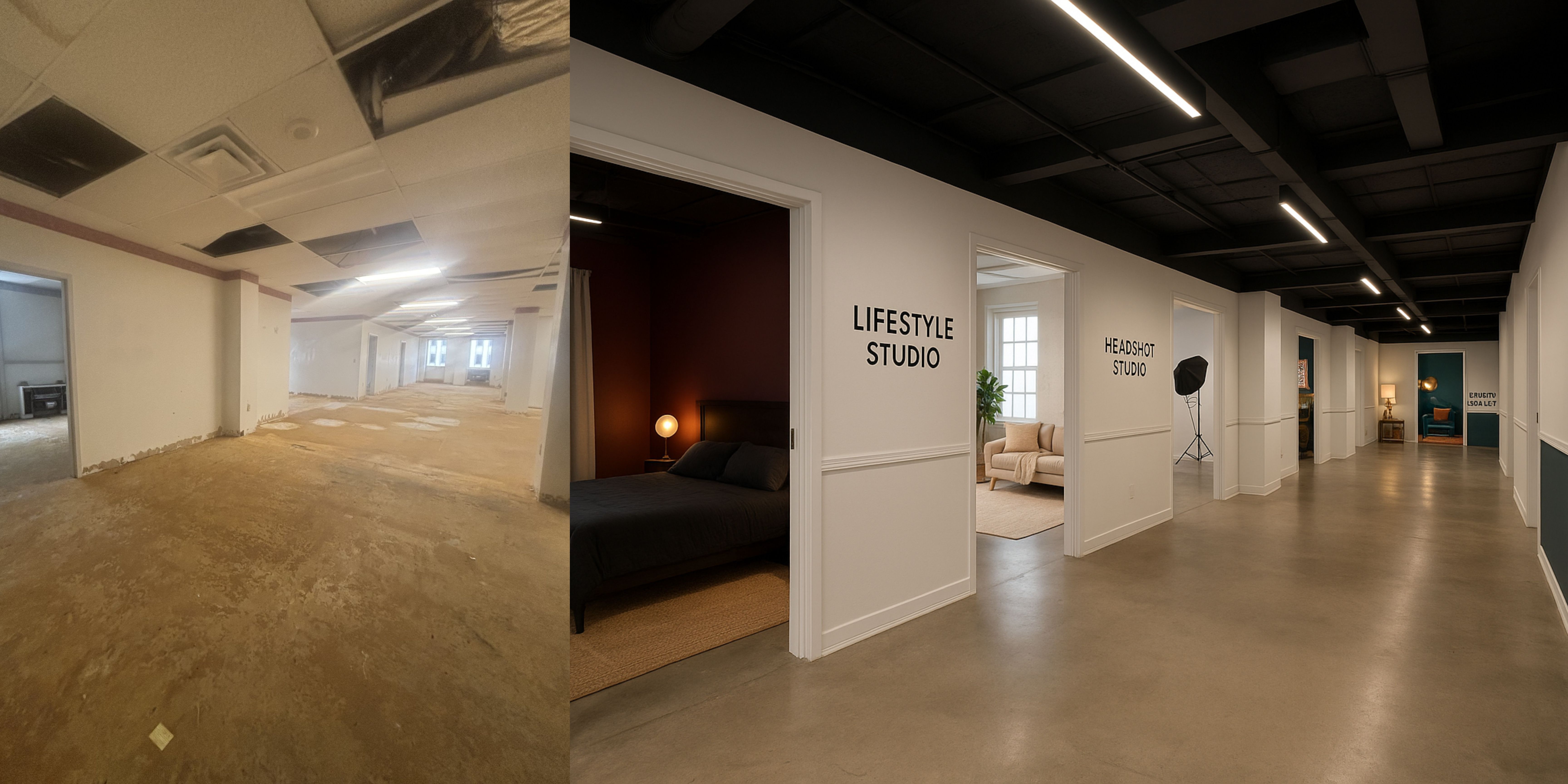 digital rendering of empty hallway into custom  studio spaces